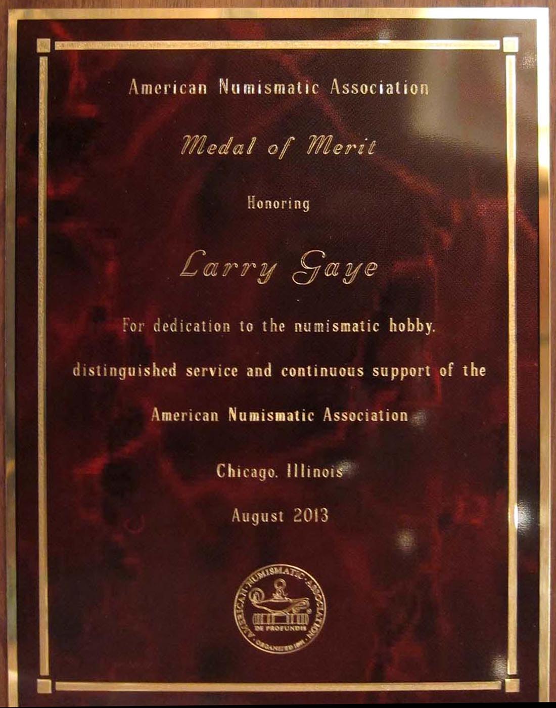Larry Gaye Medal of Merit Plaque